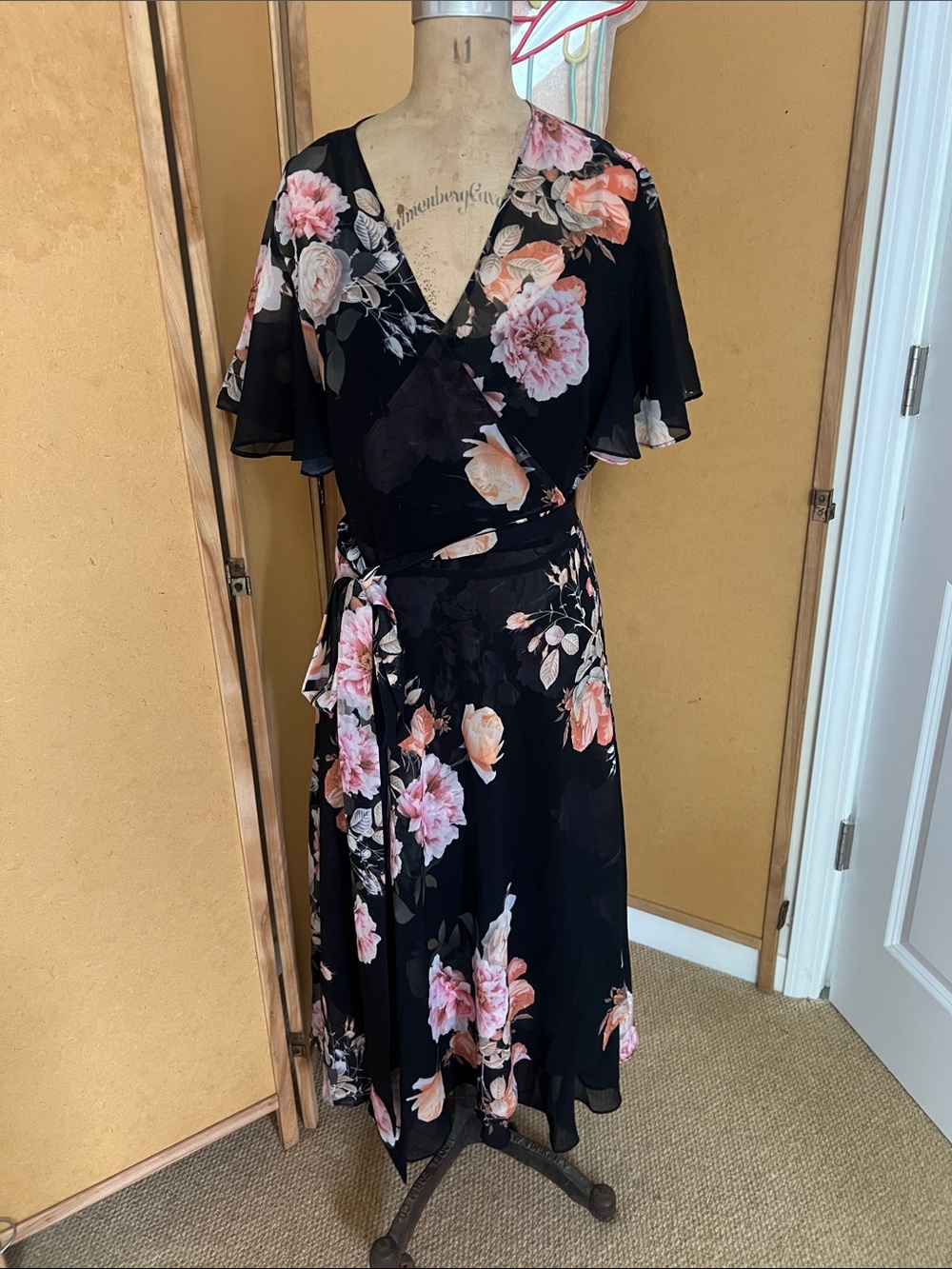 City Chic Black Floral Wrap Midi Dress with Pink & Peach Blooms